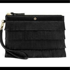 Tory Burch Black Leather Logo Fringe Clutch